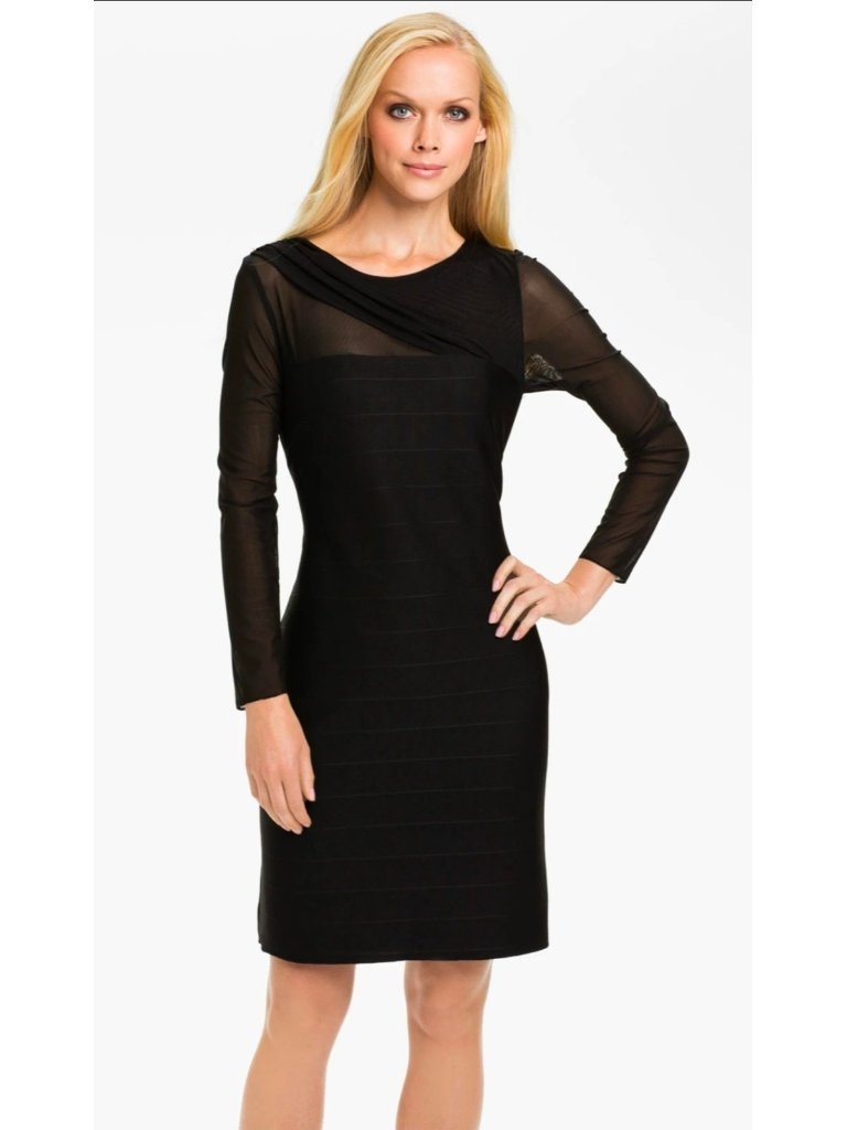 Nwt Patra Black Sheer Illusion Sleeve Bandage Ribbed Knit Sheath Dress 8 $198